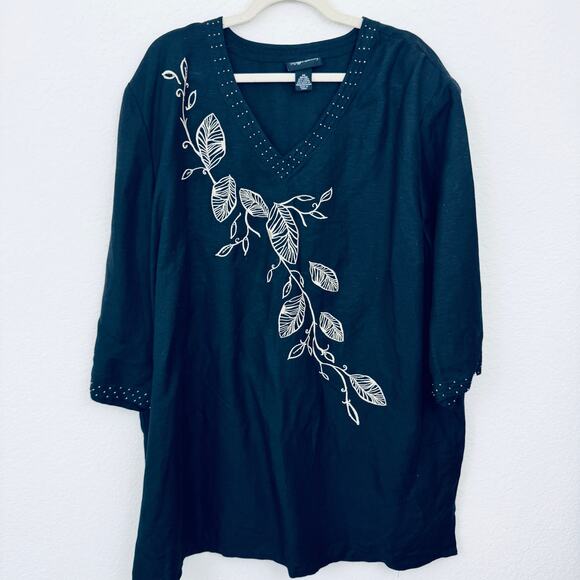 Maggie Barnes Womens V Neck Top Shirt Size 3X Embroider Beaded Linen Blend Black - Picture 1 of 6